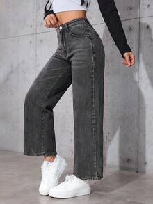 SHEIN PETITE 女款高腰口袋直筒寬鬆休閒百搭牛仔褲 - 灰色 - 查看 3