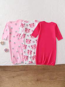 SHEIN [2套隨機發送]新生兒睡袋與居家服套裝，玫瑰紅熊圖案，適合洗禮禮物、居家與外出 - 彩色 - 查看 2