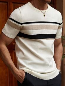 Manfinity Homme Plus Size Men's Black And White Striped Pattern Short Sleeve Crew Neck Knit Top Holiday Summer Casual - Multicolor - View 1