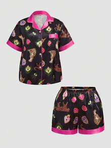 Chillnights Young Fashion 活力愛心豹紋眼對比純色印花翻領開襟大尺碼女款睡衣套裝 - 黑色 - 查看 2