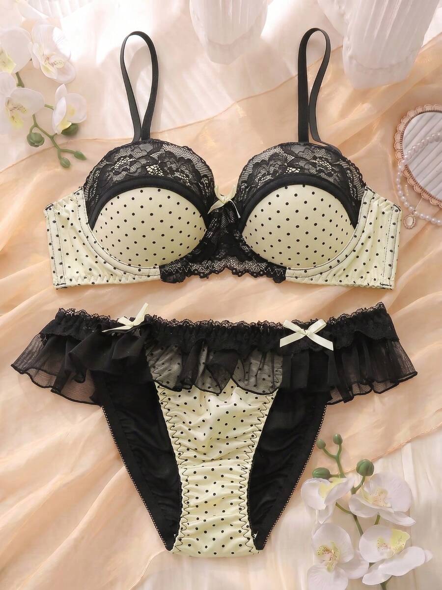 DelicateAllure Polka Dot Mesh Patchwork Lace Lingerie Set - Yellow - View 1