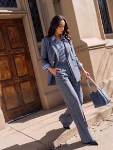 Anewsta Women's New Urban Chic Solid Color Professional Commute Versatile Lapel Long Sleeve Blazer+High Waist Drape Straight Leg Pants Suit Set - Blue - View 1