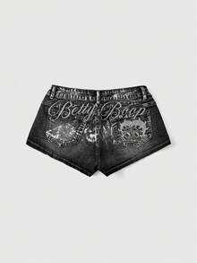 Betty Boop | ROMWE 春夏 Y2K 辣妹聯名款 銀箔 Logo 刺繡 超低腰迷你牛仔短褲 - 灰色 - 查看 5