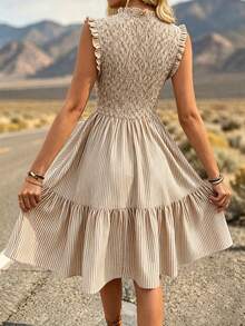 LanaWest New Woven Printed Striped Front & Back Tie Design Elegant Resort Western Patchwork Ruffle Hem Women Short Dress - Multicolor - View 2