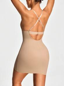 SHAPORA Đầm ôm body đơn giản màu trơn dây mảnh chéo lưng cho nữ - Màu Khaki - Xem 2