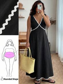 Enliva Plus-Size Women's Sleeveless Color Block Midi Dress Chic Summer Vacation Casual, For Apple And Rounded Body Shape - Black - View 1