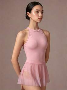 SHEIN Teen Girls' Dance Leotard And Skirt Set, Halter Neck, Gradient Mesh Design, Modern Style, Lyrical Elegant, Knit, Solid, Prom Summer Hot Pink - Baby Pink - View 4
