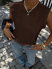 Siren Gaze Women's Solid Color Round Neck Cropped Tank Top Summer Beach Shades Of Brown Casual - Coffee Brown - View 6