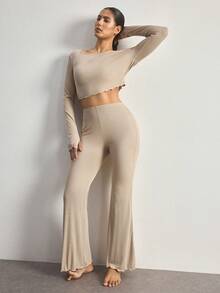 Ocili Women's Solid Color Long Sleeve T-Shirt And Flare Pants Casual Pajama Set - Khaki - View 5