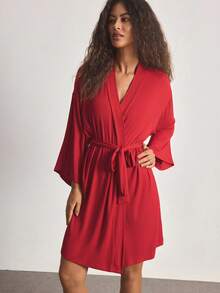 Ocili Comfortable Ribbed Soft & Smooth Cotton Robe, Women Sleepwear Loungewear - Red - View 5
