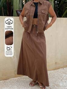 Livesso Women's Casual Short Sleeve Pocket Top And Long Denim Skirt 2-Piece Set Vacation Travel Shades Of Brown Summer - Coffee Brown - View 1
