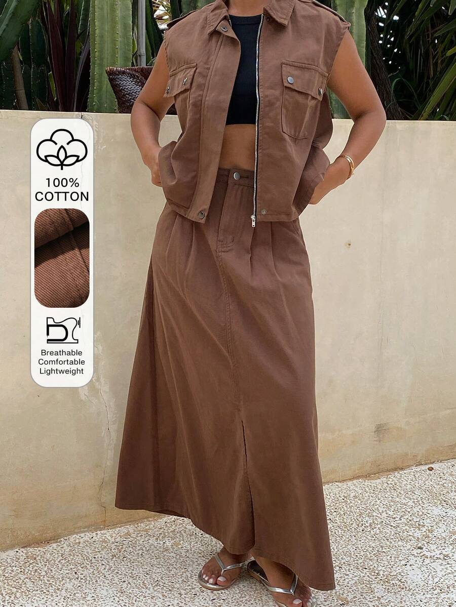 Livesso Women's Casual Short Sleeve Pocket Top And Long Denim Skirt 2-Piece Set Vacation Travel Shades Of Brown Summer - Coffee Brown - View 1