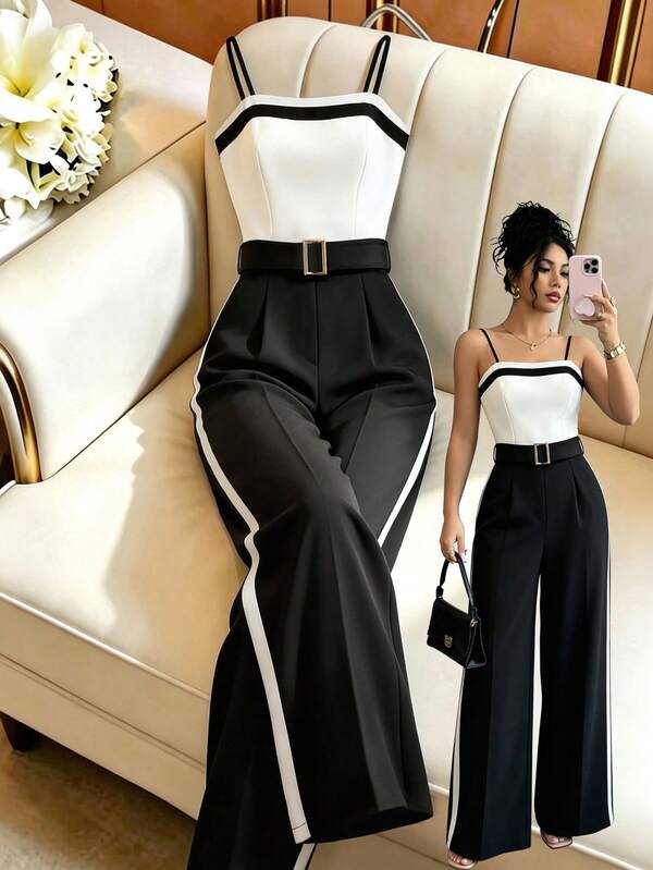 Elenzga Macacão Camisole Elegante de Perna Larga com Blocos de Cores para Mulheres