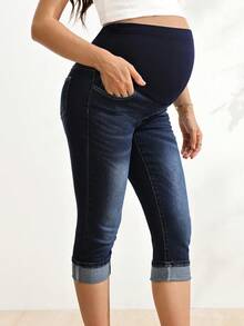 SHEIN 孕婦深色水洗牛仔緊身牛仔褲 - 深色水洗藍 - 查看 6