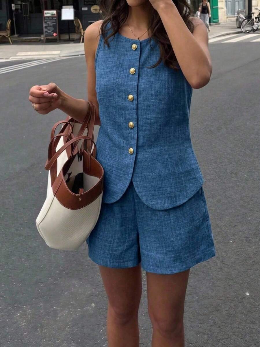 SHEIN Tween女孩休閒藍色仿牛仔時尚極簡短褲套裝穿搭 - 藏蓝色 - 查看 1