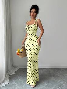 SHEIN Raffinéa 女款淡黃色印花前綁帶修身優雅浪漫法式細肩帶洋裝，度假夏季穿搭 - 黃色 - 查看 5