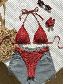 Swim Vcay 2026 Spring/Summer Women's Sexy Bikini, Red Triangle Cup Halter Neck, Drawstring Ruched Design With Gold Oval Decor, High Cut, Suitable For Beach, Seaside And Pool - Red - View 4