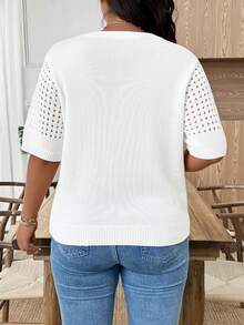 EMERY ROSE Plus Size Casual Hollow Out Round Neck Short Sleeve Top Going Out Tops - White - View 2