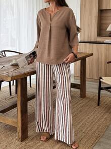 SHEIN LUNE Women's Solid Color Notched V-Neck 3/4 Sleeve Shirt And Striped Pants Casual Set - Multicolor - View 5