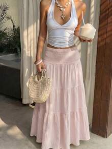 Sunnyshic Women's Spring/Summer Casual Vacation Fashion Streetwear Daily Island Low Waist Shirred Skirt - Dusty Pink - View 3
