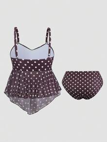 Sweetra 2026 New Summer Beach Vacation Elegant Cute Sweet Polka Dot Print Plus Size Women's Tankini Set - Coffee Brown - View 2