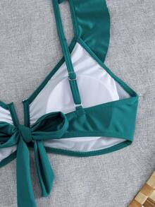 Swim Basics 新款歐美女款性感時尚極簡純色荷葉邊抓皺深V領露背綁帶上衣 - 綠色 - 查看 5