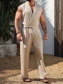 Genlund Mono casual con solapa estilo vacaciones para hombre para primavera/para verano - Caqui - Ver 1