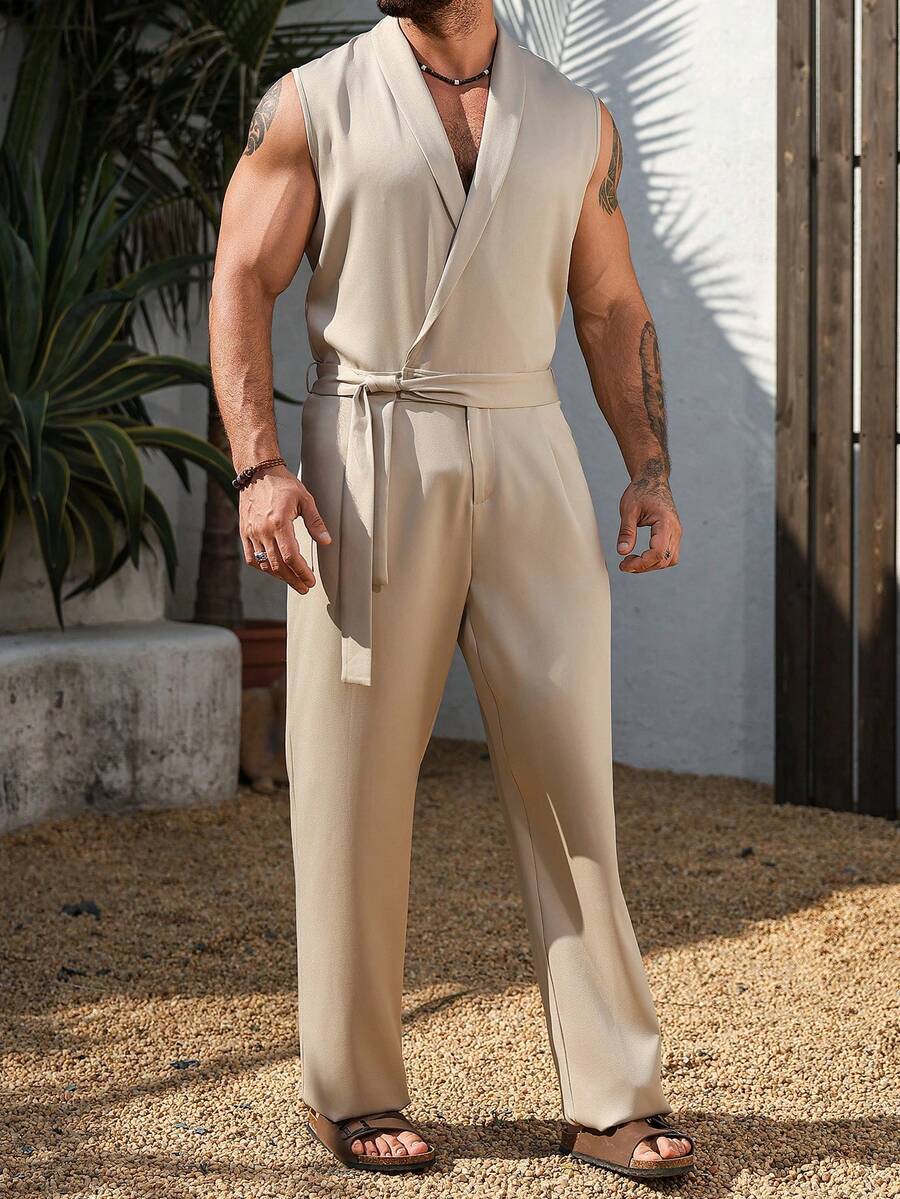 Genlund Mono casual con solapa estilo vacaciones para hombre para primavera/para verano - Caqui - Ver 1