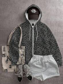 Attitoon Casual Loose Hooded Open Front Sweatshirt Autumn/Winter Leopard Print Pattern - Multicolor - View 3