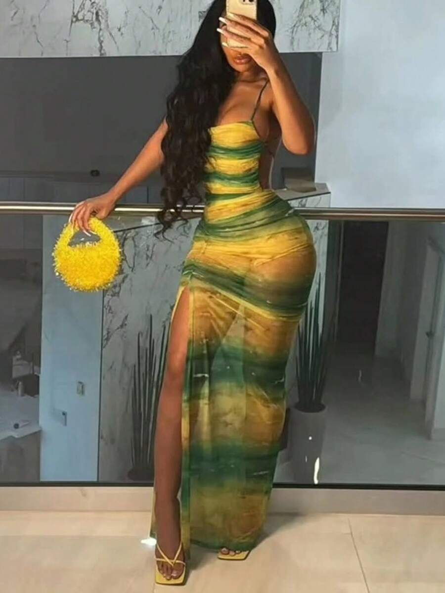 SHEIN BamGlam Women's Spaghetti Strap Backless High Slit Casual Tie Dye Dress - Multicolor - View 1