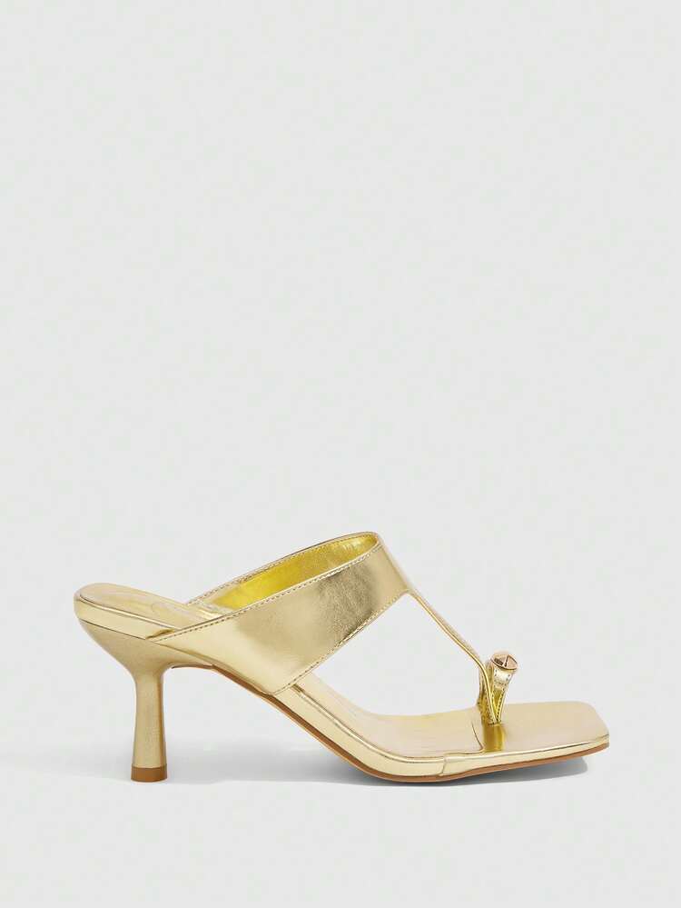 CUCCOO SZL Women Shoes Gold Metal PU Toe Buckle Fashion Sexy Temperament Square Toe High Heel Sandals