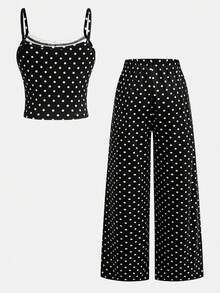 SHEIN Girlism 青少年女孩休閒日常背心上衣搭配黑色波點蕾絲上衣與直筒波點長褲 2件套裝 - 黑與白 - 查看 2