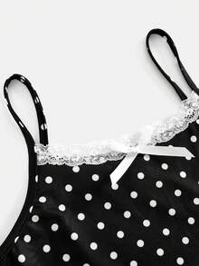 SHEIN Girlism 青少年女孩休閒日常背心上衣搭配黑色波點蕾絲上衣與直筒波點長褲 2件套裝 - 黑與白 - 查看 3