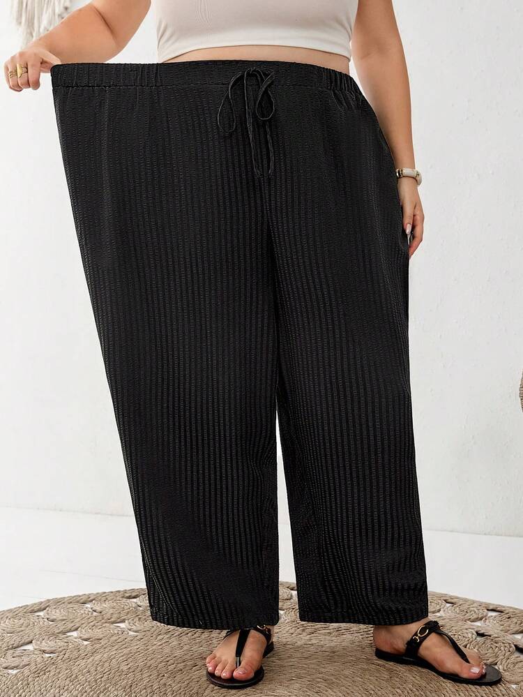 SHEIN CURVE+ Plus Size Casual Minimalist Black And White Striped Pants, Suitable For All Seasons, Spring And Summer Daily Wear - Black - View 6