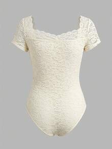 Franclia Women's Floral Lace Bow Decor Short Sleeve Fashion Bodysuit - Apricot - View 2