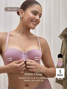 Bralution 3pcs/Set Multi-Color Balcony Bra Front Closure Push Up Bra, Convertible Spaghetti Strap & Spaghetti Strap - Multicolor - View 1