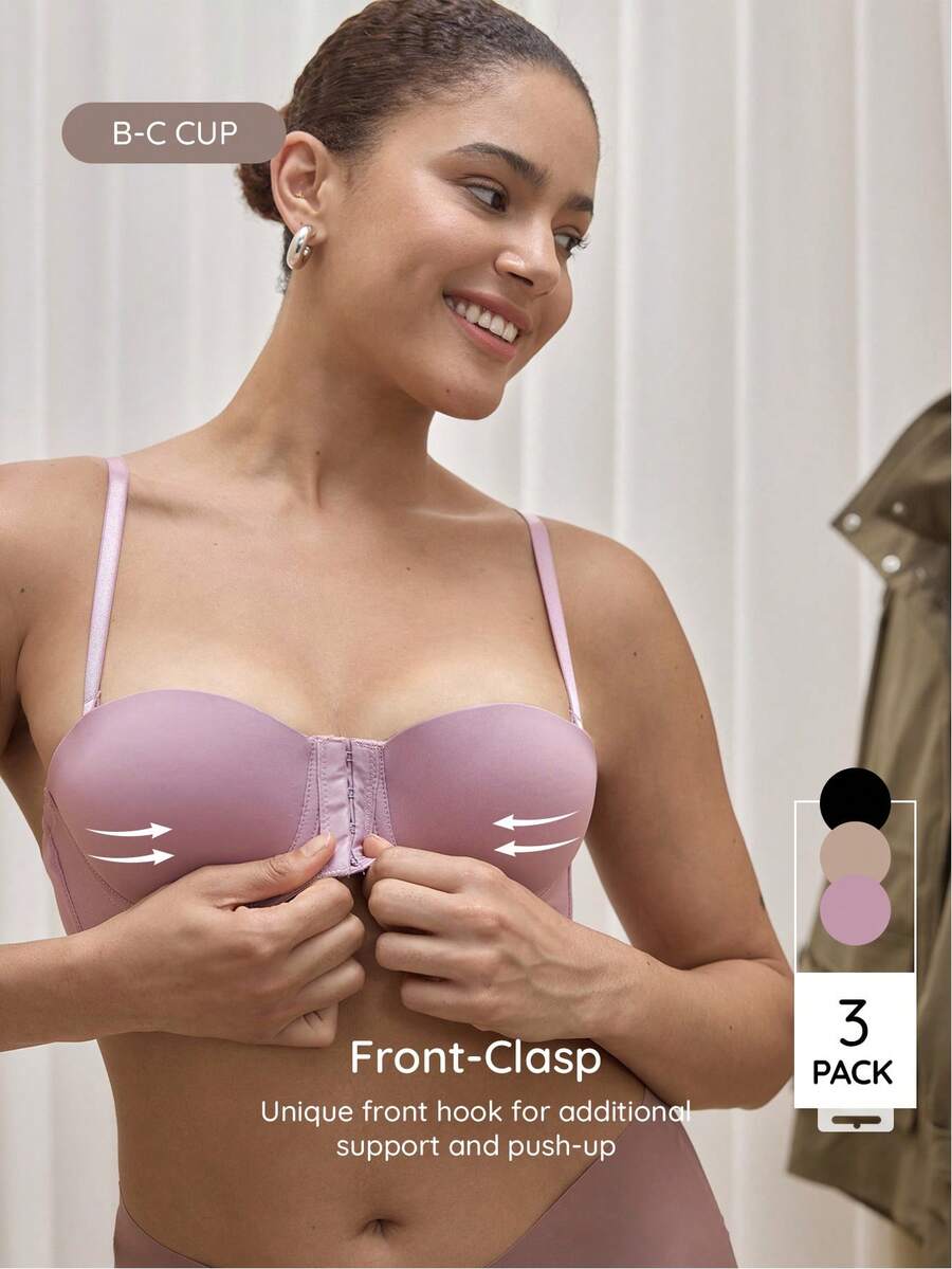 Bralution 3pcs/Set Multi-Color Balcony Bra Front Closure Push Up Bra, Convertible Spaghetti Strap & Spaghetti Strap - Multicolor - View 1