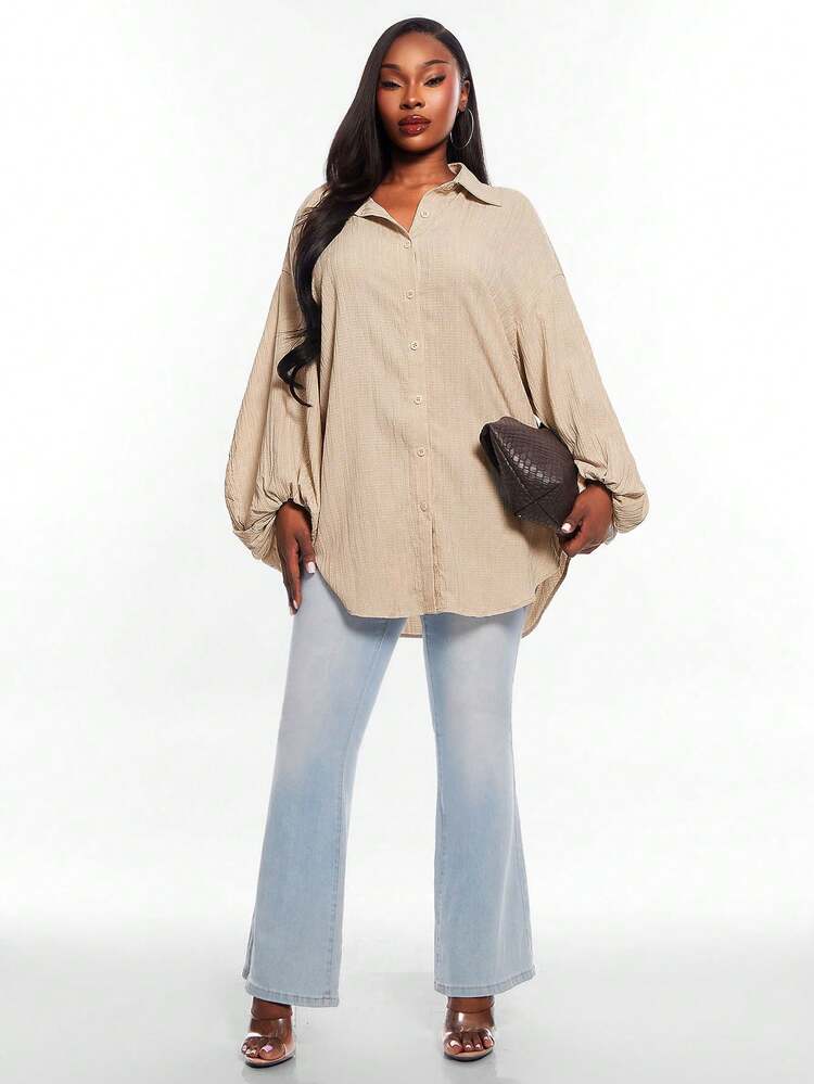 Radiana Curve Plus Size Women's Solid Color Dropped Shoulder Long Sleeve Single Breasted Casual Shirt - Khaki - View 4
