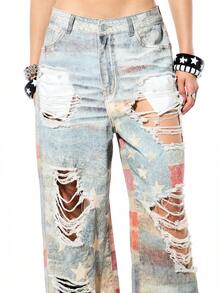 SUMWON WOMEN American Flag Print Distressed Ripped Baggy Wide Leg Jeans Stars Stripes Patriotic Denim 4th July - Blue - View 5