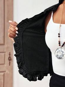 EMERY ROSE Plus Size Women's Street Casual Comfortable Ruffle Trim Mid Blue Non-Stretch Denim Jacket - Black - View 10