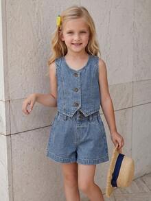 2pcs/Set Young Girl Denim Outfit, Summer, Soft, Cotton, Casual, Fashion, Versatile, Daily, Loose & Comfortable, Minimalist, Cute V-Neck Sleeveless, Contrast Stitching Design, Elastic Waist, Loose Fit, Vintage Classic Dark Blue Washed V-Neck Sleeveless Denim Vest + All-Match Denim Shorts, Suitable For Casual, Vacation, Daily - Medium Wash - View 3