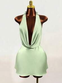 Women's Spaghetti Strap Deep V-Neck Casual Elegant Silk Finish Glossiness Sexy Grace Dress Night Out Sage Green Summer - Green - View 8