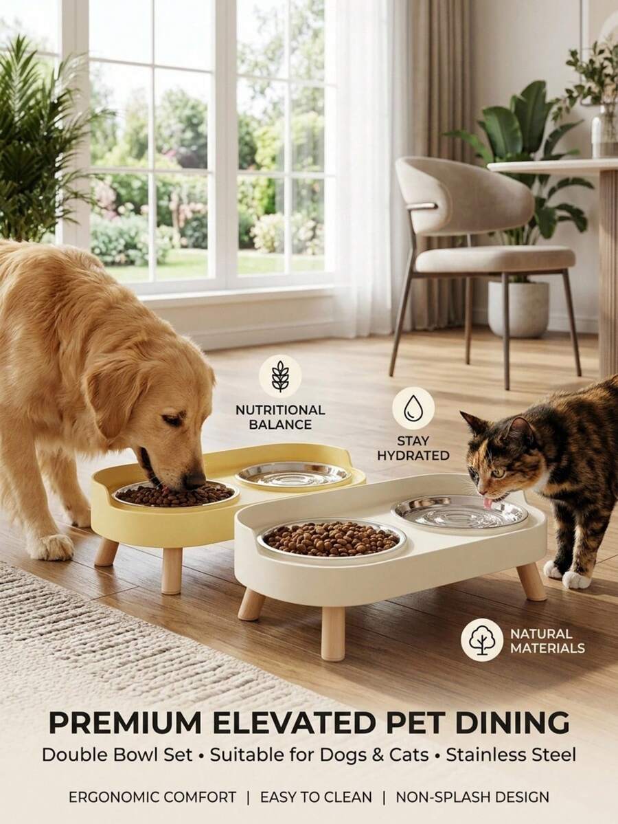 PETSIN Stainless Steel/PVC Pet Bowl Set With Stand, Dual Bowls, Suitable For Small Dogs And Cats, With Splash Guard - Pet Feeder - 150ml - View 1