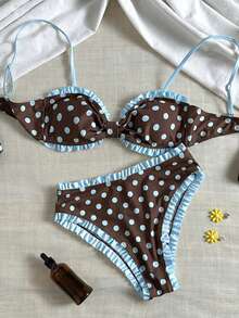 Swim Mod 女童圓點印花平胸抓皺比基尼上衣搭配高腰抓皺荷葉邊比基尼泳褲套裝 女款比基尼套裝 - 彩色 - 查看 4