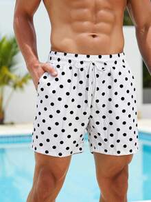 Manfinity Swimmode 男士圓點抽繩腰口袋休閒度假沙灘短褲 - 黑與白 - 查看 2