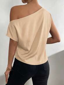 EMERY ROSE Solid Asymmetrical Neck Satin Blouse One Shoulder Top - Champagne - View 8