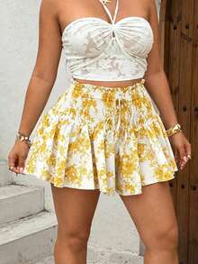 Sunnyshic Plus Size French Vintage Print Shorts, Shirred, Lace-Up, Ruffle, Elastic Waist Concealing Shorts, Blue Porcelain White Ruched Ruffle Mini Pants, High Waist Patchwork Gathered Pants, Suitable For Summer Vacation And Beach Trips, Travel Photography, Dating - Multicolor - View 7