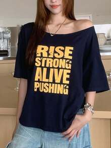 K-Vae Women's Navy Blue Asymmetrical Shoulder Short Sleeve T-Shirt, Contrast Color Letter Print, Loose Fit Flattering Top Daytime Summer Street Wear - Navy Blue - View 5