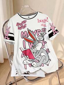 LOONEY TUNES X SHEIN 大码字母卡通图案圆领短袖T恤 - 白色 - 查看 1