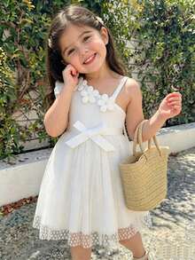 SHEIN Elladie kids 少女新款時尚白色3D珠飾花卉腰部收腰A字洋裝，單件，適合生日派對、聚會、夏季 - 白色 - 查看 4